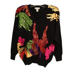 Eminent Sequin Sweater Women Large Black Pullover Shiny Multicolor Sequins Vneck